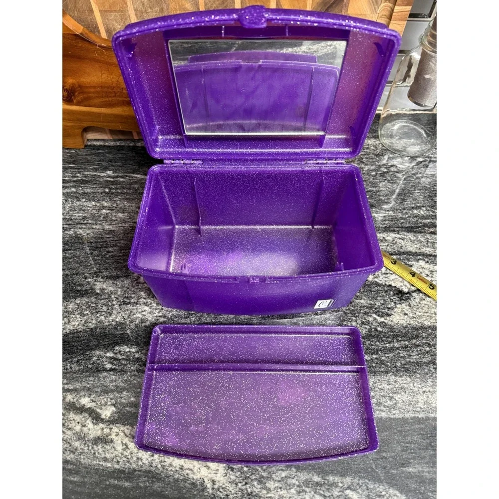 Caboodles Vintage Purple Glitter Makeup Organizer Case with Mirror and Tray